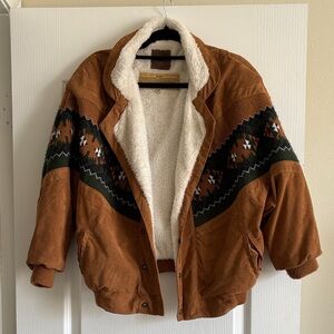 Brown Sherpa-Lined Teddy Jacket with Patterned Yoke